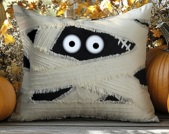 Spooky Mummy Eyes Pillow - Gothic Halloween Throw Cushion (Non-Embroidered)