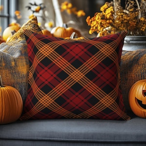 Halloween Tartan Plaid Faux Suede Pillow: Witchy Fall Decor
