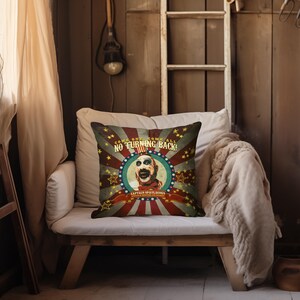 May include: A red, white, and blue vintage-style circus poster pillow featuring a clown with a creepy smile and the text "Come one come all! No turning back!" and "Captain Spaulding".