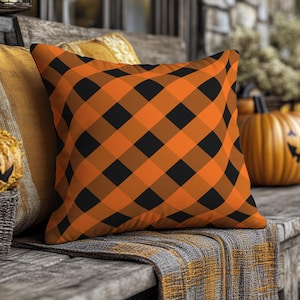 Orange & Black Tartan Pillow: Halloween Faux Suede Throw Cushion