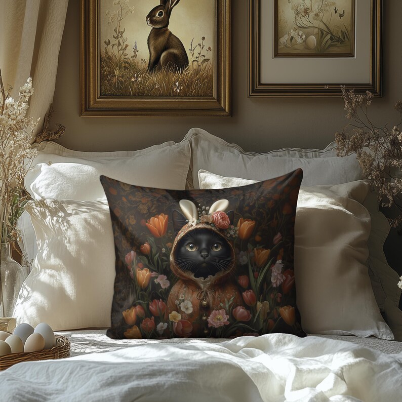 Sitting Rabbit Template William Morris Inspired Easter Ostara Black Cat Faux Suede Pillow - Etsy