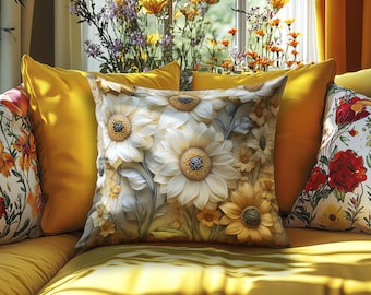 Floral Sunflower Faux Suede Pillow: Yellow & Cream Home Decor