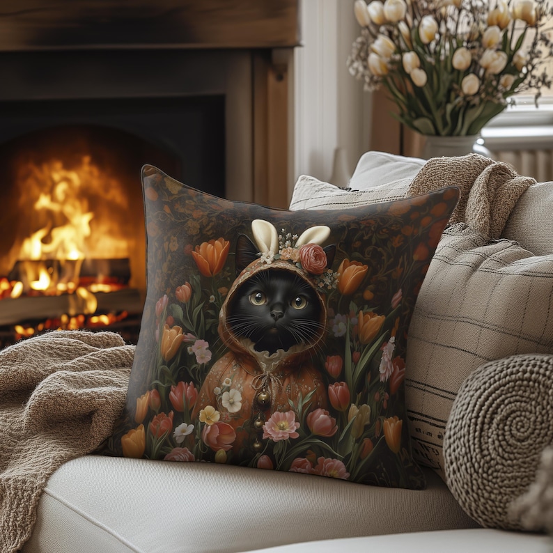 Sitting Rabbit Template William Morris Inspired Easter Ostara Black Cat Faux Suede Pillow - Etsy