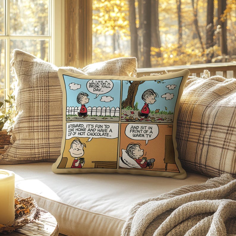 Może przedstawiać: Beżowa kwadratowa poduszka z komiksem przedstawiającym chłopca w czerwonej koszuli. Komiks pokazuje chłopca spacerującego, pijącego gorącą czekoladę i oglądającego telewizję. Tekst zawiera "Lubię spacer w chłodny jesienny dzień" i "I usiąść przed ciepłym telewizorem".