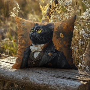 Victorian Dapper Black Cat Pillow: William Morris Inspired Faux Suede Throw