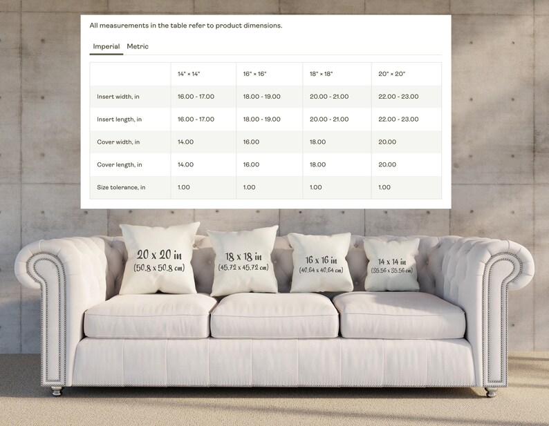 May include: A white couch with four throw pillows. The pillows are labeled with their dimensions in inches and centimeters. The pillows are 20 x 20 inches, 18 x 18 inches, 16 x 16 inches, and 14 x 14 inches.