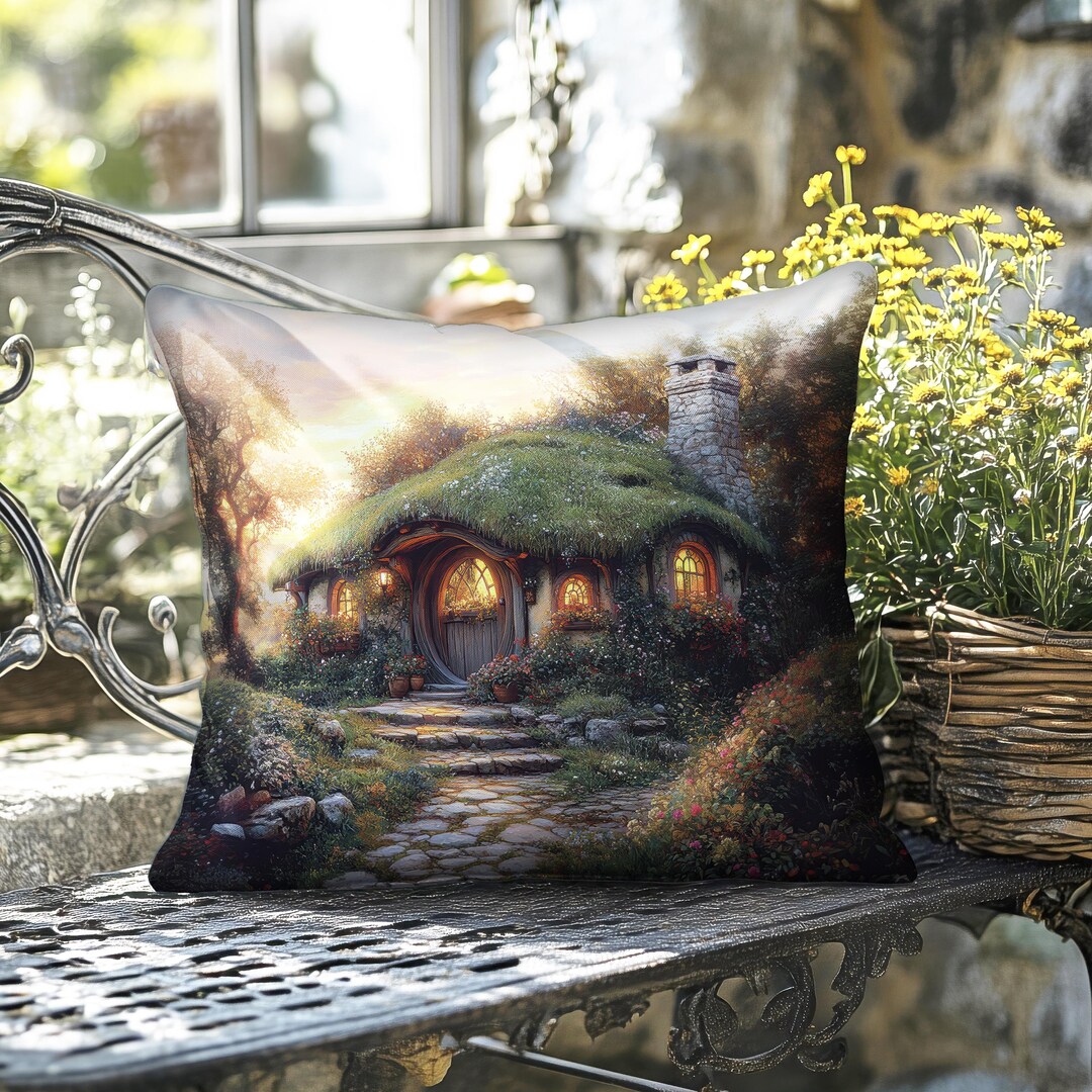 Hobbit House Throw Pillow - Thomas Kinkade Inspired Cottagecore Cushion ...