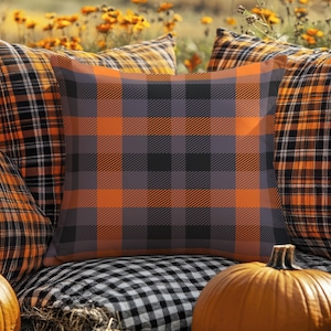 Orange & Gray Tartan Plaid Pillow: Halloween Faux Suede Throw Cushion