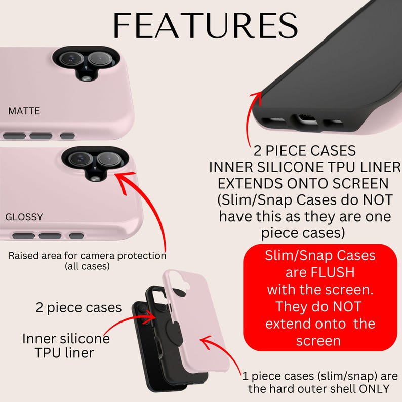May include: Two-piece phone case with a matte and glossy finish. The inner silicone TPU liner extends onto the screen. The case has a raised area for camera protection. Slim/Snap cases are flush with the screen and do not extend onto the screen. One-piece cases are the hard outer shell only.