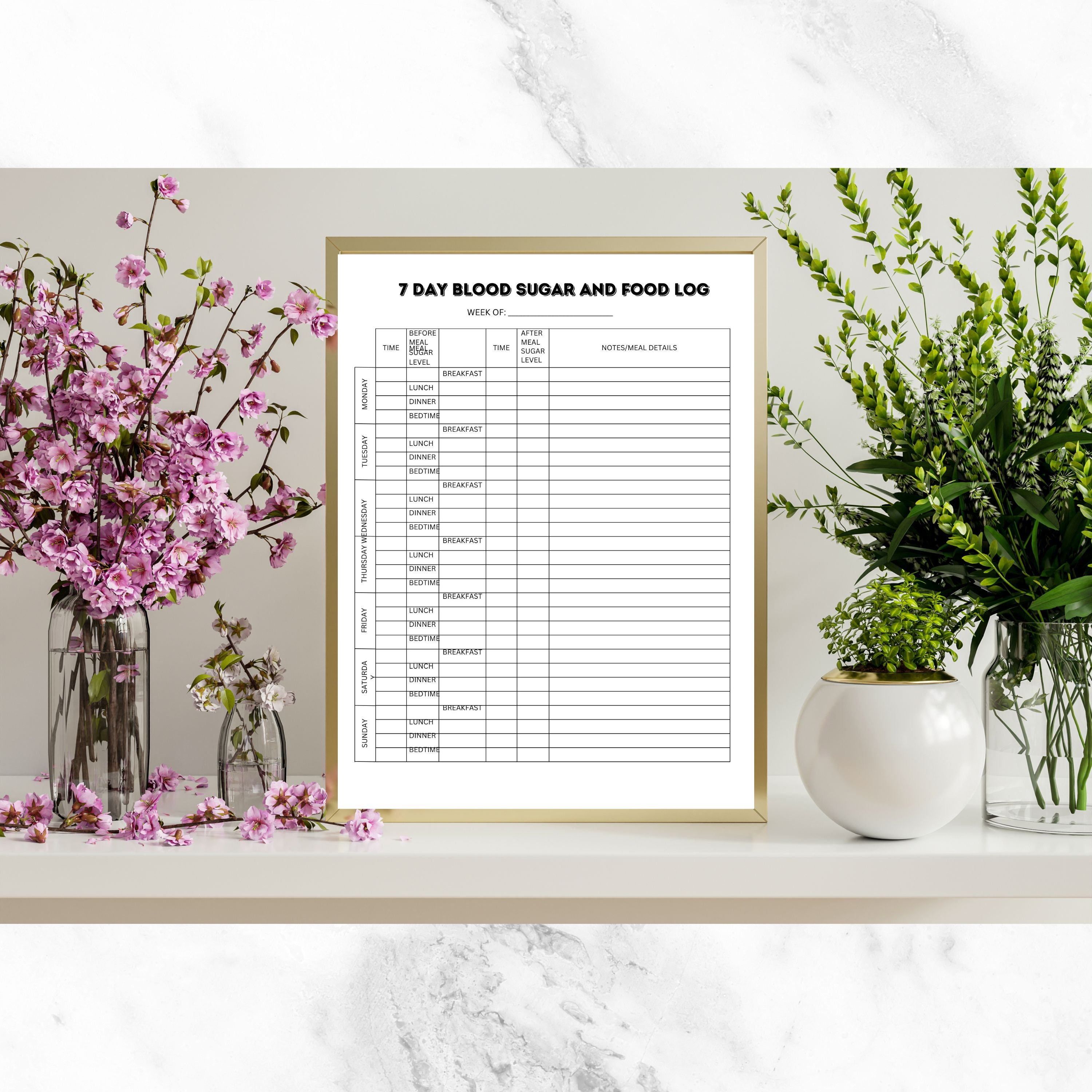Blood Sugar Log, Diabetic Food Log Printable PDF for Diabetes Journal ...