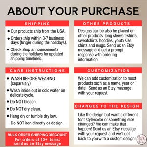May include: Image with text providing product details. Sections cover shipping, other products, care instructions, customization, and design alterations. Text is on a white background with red borders.
