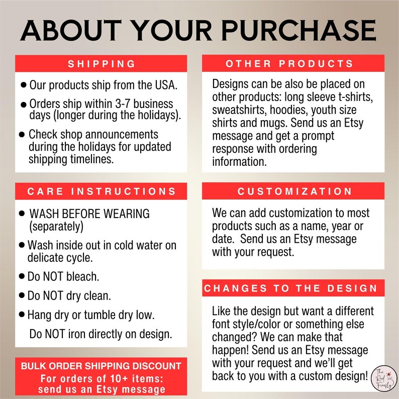 May include: Image with text providing product details. Sections cover shipping, other products, care instructions, customization, and design alterations. Text is on a white background with red borders.