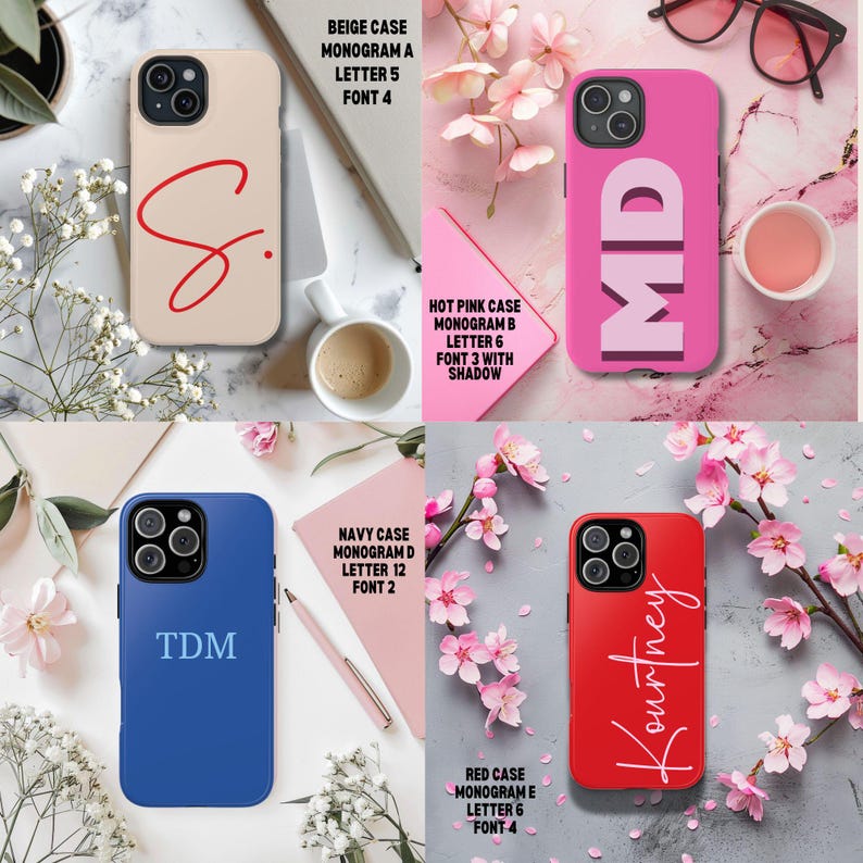 May include: Four different phone cases with personalized monograms. The cases are beige, hot pink, navy blue, and red. The monograms are in different fonts and colors. The cases are all for iPhone 13 Pro.