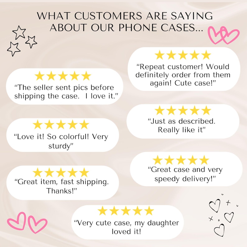 May include: A collection of customer reviews for phone cases. The reviews are positive and include comments like "Repeat customer! Would definitely order from them again! Cute case!" and "Love it! So colorful! Very sturdy".