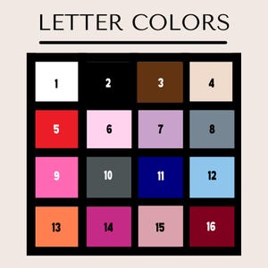 May include: A chart with 16 color swatches labeled with numbers 1 through 16. The colors are white, black, brown, beige, red, pink, purple, gray, hot pink, dark gray, blue, light blue, orange, magenta, light pink, and burgundy.
