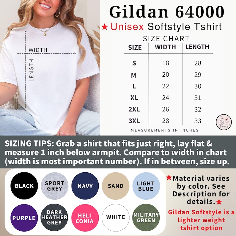 May include: A white Gildan 64000 Unisex Softstyle T-shirt with a size chart showing width and length measurements in inches. The shirt is available in various colours, including black, sport grey, navy, and light blue. Sizing tips are also provided.