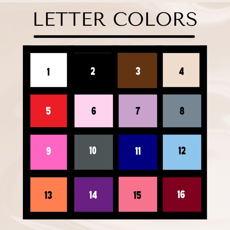 May include: A color chart with 16 different colors, numbered 1 through 16. The colors are white, black, brown, beige, red, pink, purple, gray, hot pink, dark gray, blue, light blue, orange, purple, pink, and burgundy.