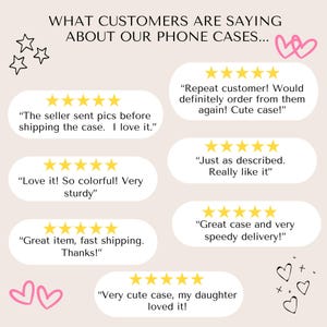 May include: A collage of customer reviews for phone cases. The reviews are positive and include comments like "Repeat customer! Would definitely order from them again! Cute case!" and "Love it! So colorful! Very sturdy".