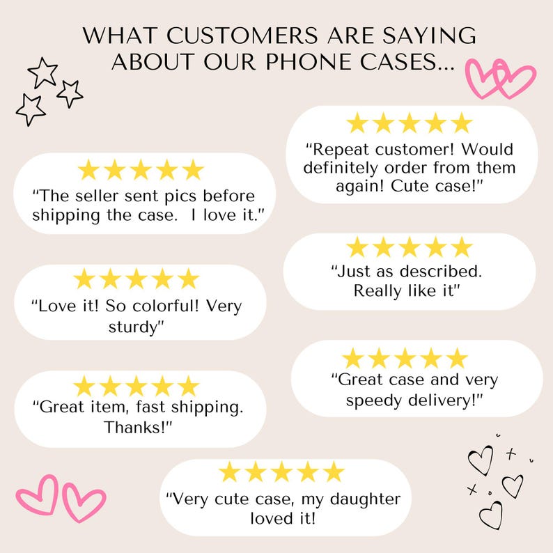 May include: A collage of customer reviews for phone cases. The reviews are positive and include comments like "Repeat customer! Would definitely order from them again! Cute case!" and "Love it! So colorful! Very sturdy".