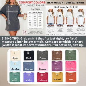 Puede incluir: Imagen que presenta una tabla de tallas para una camiseta unisex Comfort Colors 1717, con medidas en pulgadas. La tabla incluye tallas de la S a la 4XL. La imagen tambi&eacute;n muestra varios colores de camisetas, como Marfil, Negro y Musgo. Se proporcionan consejos de tallas.