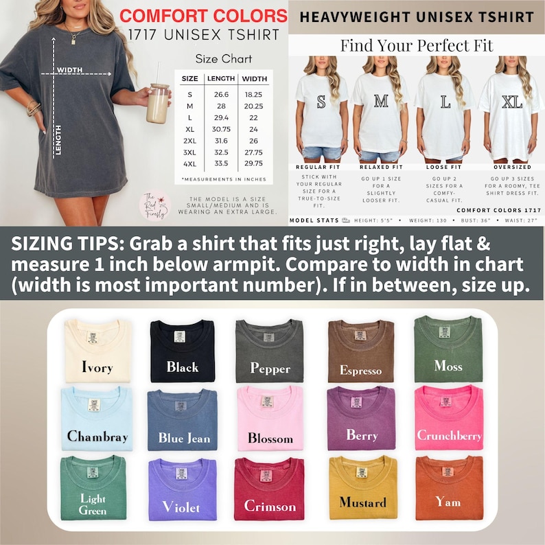 Puede incluir: Imagen que presenta una tabla de tallas para una camiseta unisex Comfort Colors 1717, con medidas en pulgadas. La tabla incluye tallas de la S a la 4XL. La imagen tambi&eacute;n muestra varios colores de camisetas, como Marfil, Negro y Musgo. Se proporcionan consejos de tallas.