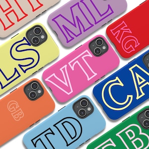 May include: A collection of colorful phone cases with different letter combinations. The cases are made of a smooth, hard plastic and have a glossy finish. The letters are outlined in a contrasting color and are centered on the case.