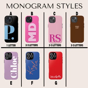 May include: A collage of nine images showing different monogram styles for phone cases. The styles include single letters, two-letter monograms, three-letter monograms, and names. The phone cases are in various colors, including black, pink, brown, blue, red, and purple.