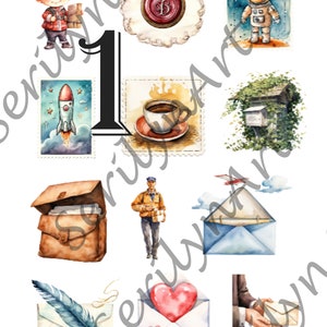 Arkusz naklejek z motywem pocztowym do dzienników Bullet Journal, scrapbookingu, planerów, mediów mieszanych i innych projektów artystycznych