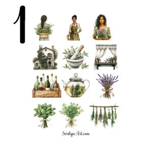 Folha de adesivos Herbal Apothecary Cottagecore para bullet journaling, planejadores, scrapbooking, mídia mista e outros projetos de arte