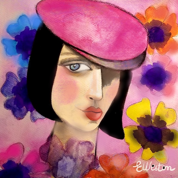 Femme à la casquette rose Print from original art, woman with a pink cap