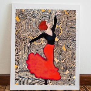 Red hair woman dancing flamenco, art print from original artwork by LiliWestArtWorld