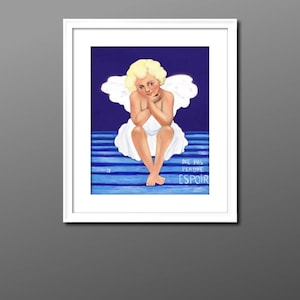 Art print from original painting, angel with French quote “ne pas perdre espoir”, wall art decor by LiliWestArtWorld