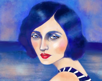 Art Deco Woman Giclée Print – Ocean Blue Portrait, Signed Limited Edition