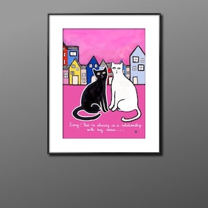 恋愛中、猫好きのための面白いイラスト、LiliWestArtWorld によるユニークなアートワークのイラストから猫のアートプリント