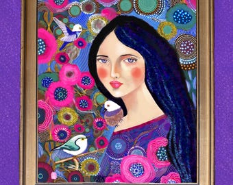 Birdie, Art print, Woman Portrait with Birds, Colorful Floral Folk Art from Original Artwork