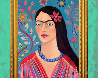 Frida Inspired Art Print - Mexican Folk Art Portrait from Original Painting