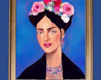 A Frida of my own, Art Print, Blue Mexican Folk Portrait Inspired from Original Painting