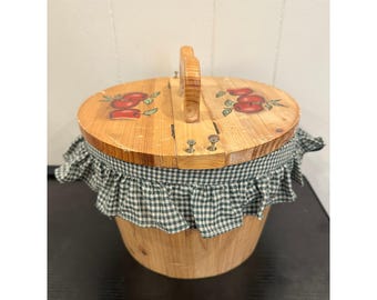 Vintage Wooden Apple Bucket with Flip Tops and Liner, Storage Container Basket
