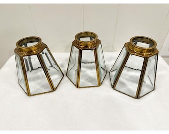 Vintage Brass Beveled Glass Hexagon Light Shades Set of 3 Tapered Lantern 5.25in