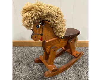 Vintage Style Wooden Rocking Horse Handmade Nursery Toy Yarn Mane Brown Wood