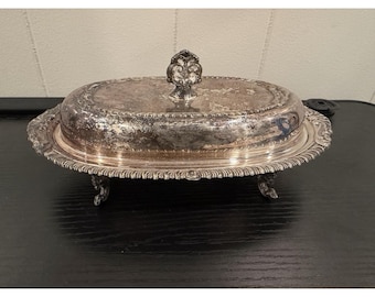 Ornate Antique Vintage Silver Plated Butter Dish With Lid & Pedestal Feet