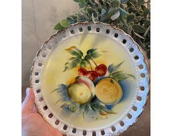 Vintage Norleans ręcznie malowany talerz z podpisem owoców dekoracyjny siatkowany Japonia