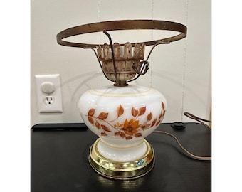 Vintage Hurricane Lamp Milk Glass with Orange Floral Accent No Top