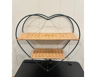 Vintage Heart Shaped Wall Shelf Green Metal Wire & Woven Wicker 2 Tier Display