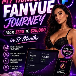 May include: A promotional graphic titled My Honest Fanvue Journey From Zero to $25,000 in 12 Months. It features a person, a laptop displaying earnings data, a smartphone showing a Fanvue profile, and stacks of US dollar bills in the foreground.