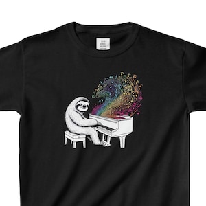 Faultier Klavier spielen Kinder T-Shirt, Kinder Schwere Baumwolle Schwarz T-Shirt, Geschenk für Kind Klavier Schüler, Geschenk für ihn, Geschenk für sie, Kind Pianist