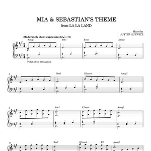 May include: Sheet music for the song "Mia & Sebastian's Theme" from the movie "La La Land". The music is written in the key of C major and is in 4/4 time. The sheet music includes the melody, chords, and lyrics.