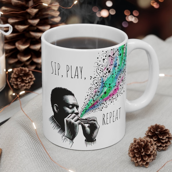 Blues Harp Coffee Mug, Sip, Play, Repeat, Harmonica Player Tea Mug, Music Teacher Gift, Jazz Student, Heavy Rock Musician, Soul Funk Band