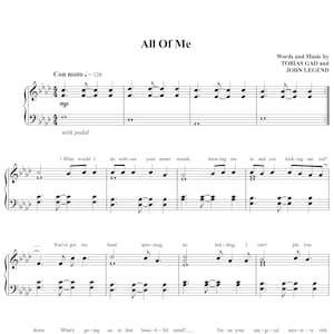 All Of Me by John Legend, Sheet Music Arrangement for Piano Solo, Lyrics Included, Intermediate Level, Printable PDF Music Sheets Download
