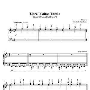 Op de afbeelding: Partituur voor het "Ultra Instinct Theme" uit de anime-serie "Dragon Ball Super". De muziek is gecomponeerd door Norihito Sumitomo. De partituur bevat de titel, de componist en de instructie om de muziek vier keer te spelen.